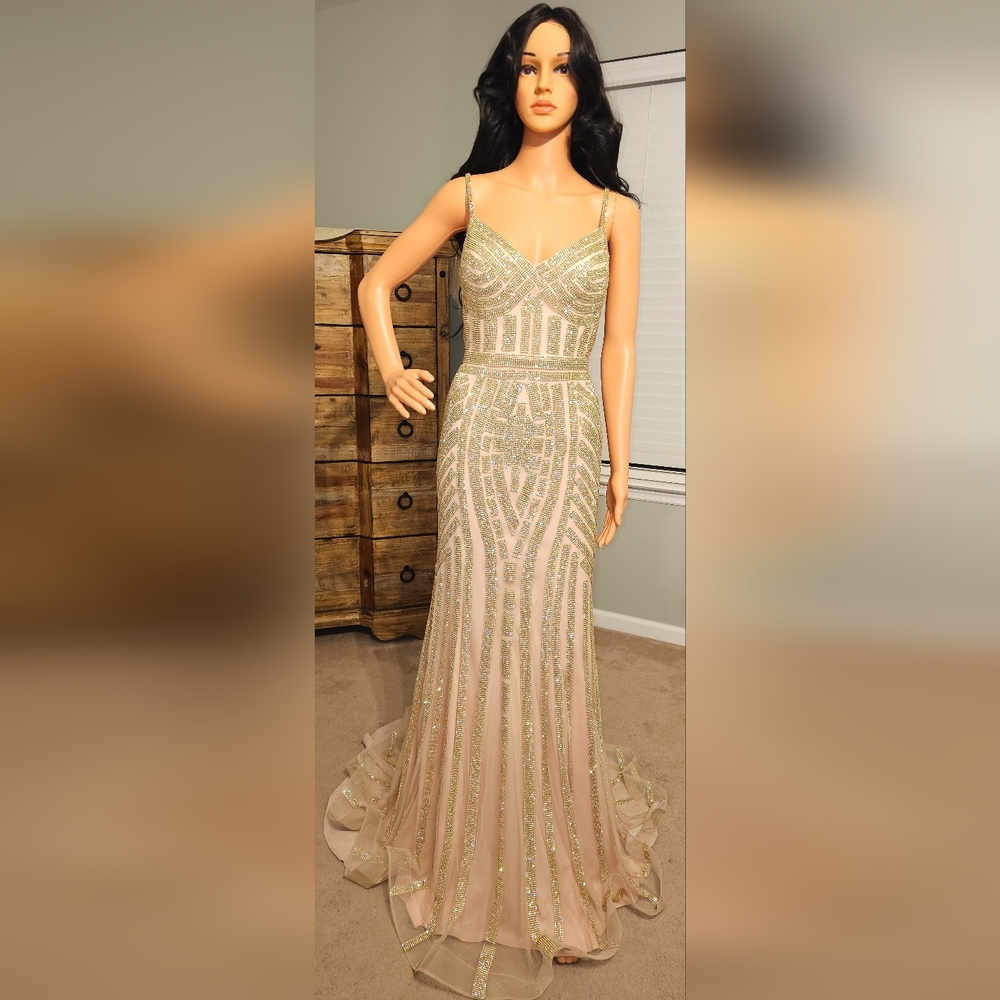 GLOW DRESS Blush Gown with Gold Rhinestones : Spaghetti-Strap Prom Dress